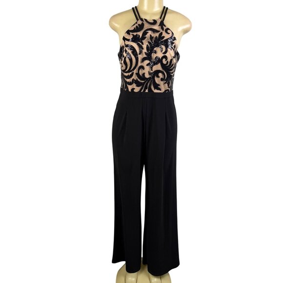 Nightway Womens Black Sequin Embellished Halter Jumpsuit Mesh Overlay Size 8 - Picture 1 of 10